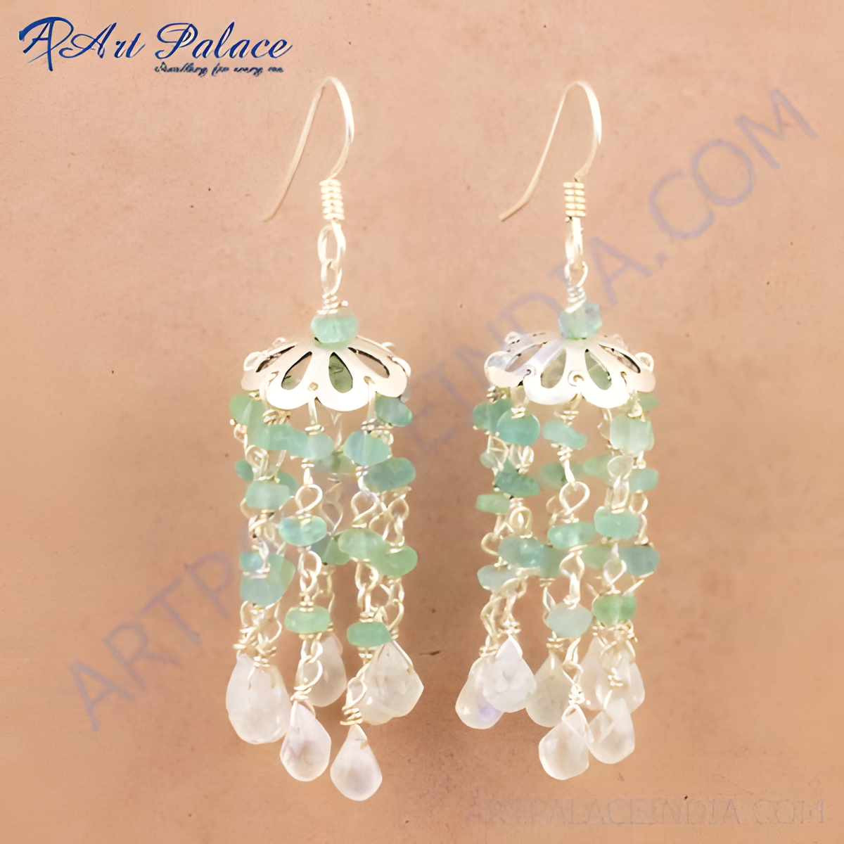 Sterling silver dangle earrings with green and clear gemstones, perfect for any occasion