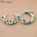 Load image into Gallery viewer, Silver hoop earrings with pearls and gemstones in teal and white colors.
