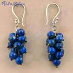 将图像加载到图库查看器中， Sterling silver drop earrings featuring multiple lapis lazuli gemstone beads, deep blue color, stylish design.
