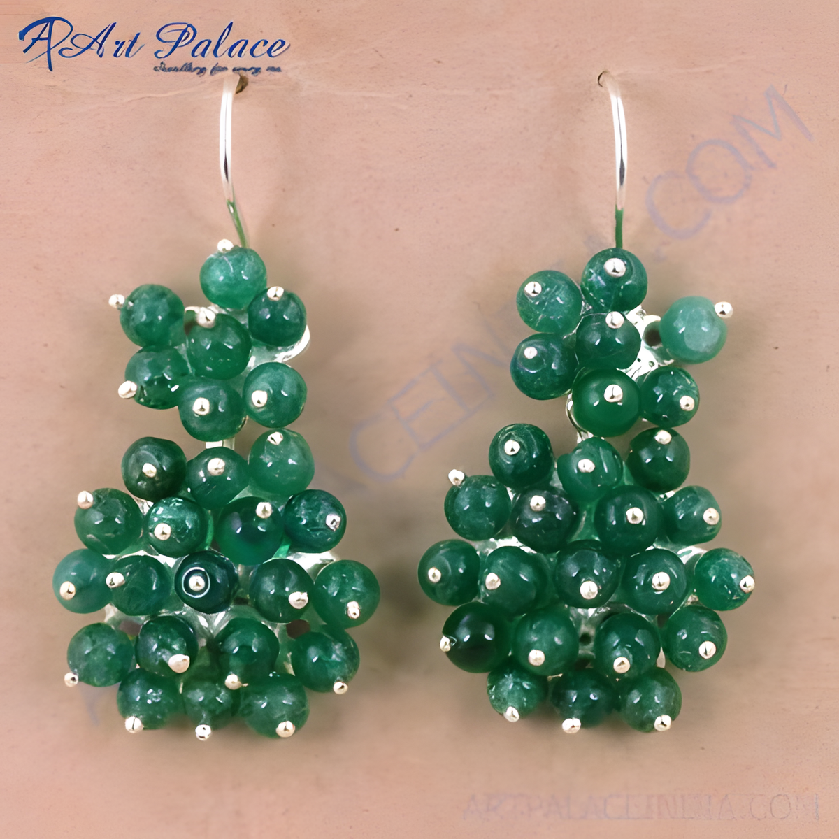 Silver dangle earrings with vibrant green jade beads, perfect for women