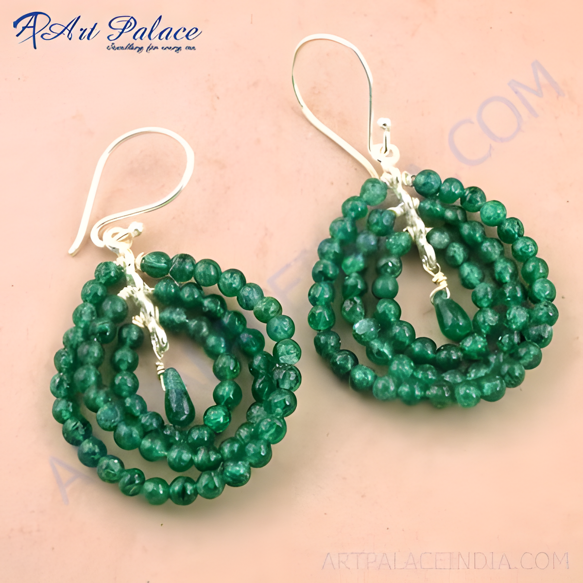 Emerald bead dangle drop earrings in sterling silver, featuring vibrant green gemstones