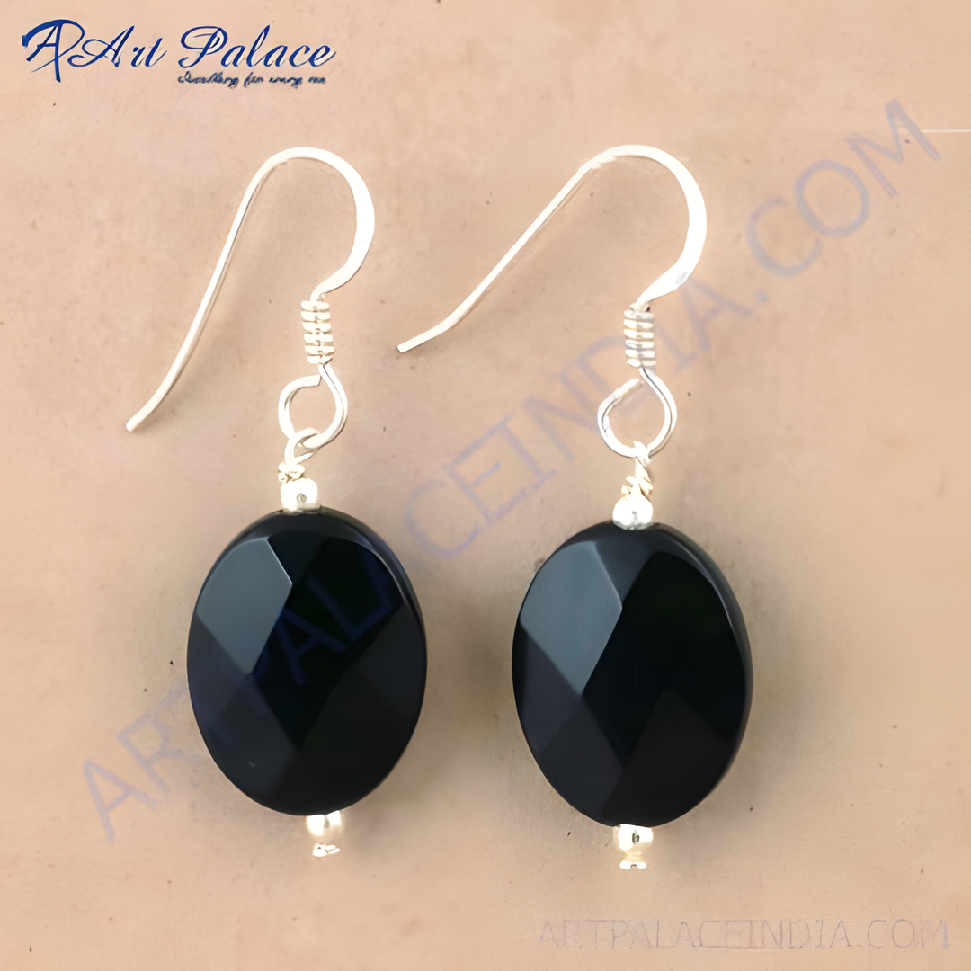 925 sterling silver dangle earrings with faceted black onyx gemstones, perfect for women.