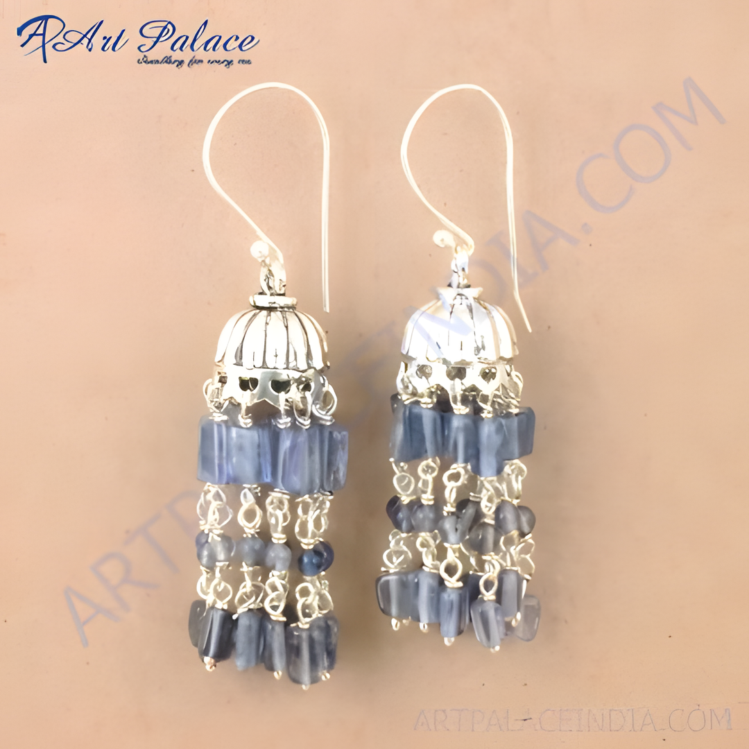 925 silver dangle earrings with blue gemstone tassel design.