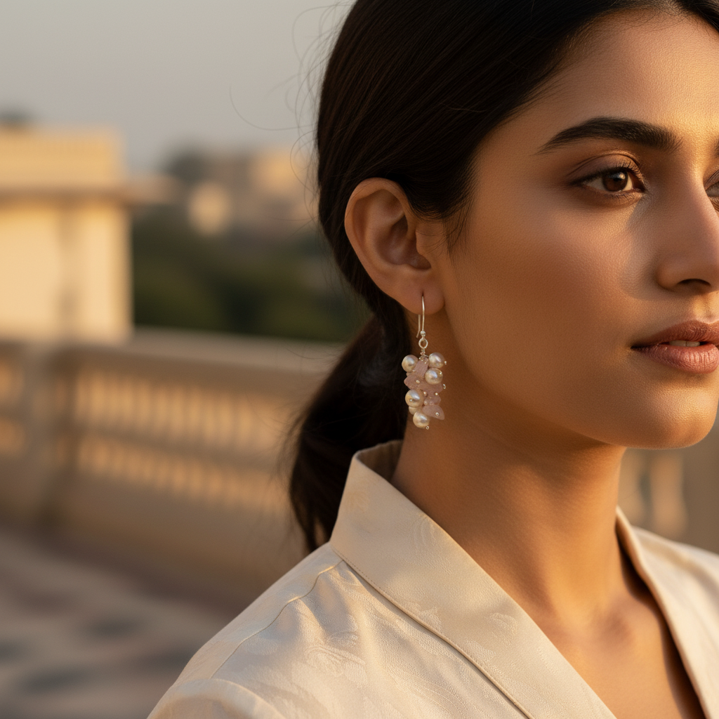 银色珍珠与玫瑰石英耳环 | 簇状水滴耳环