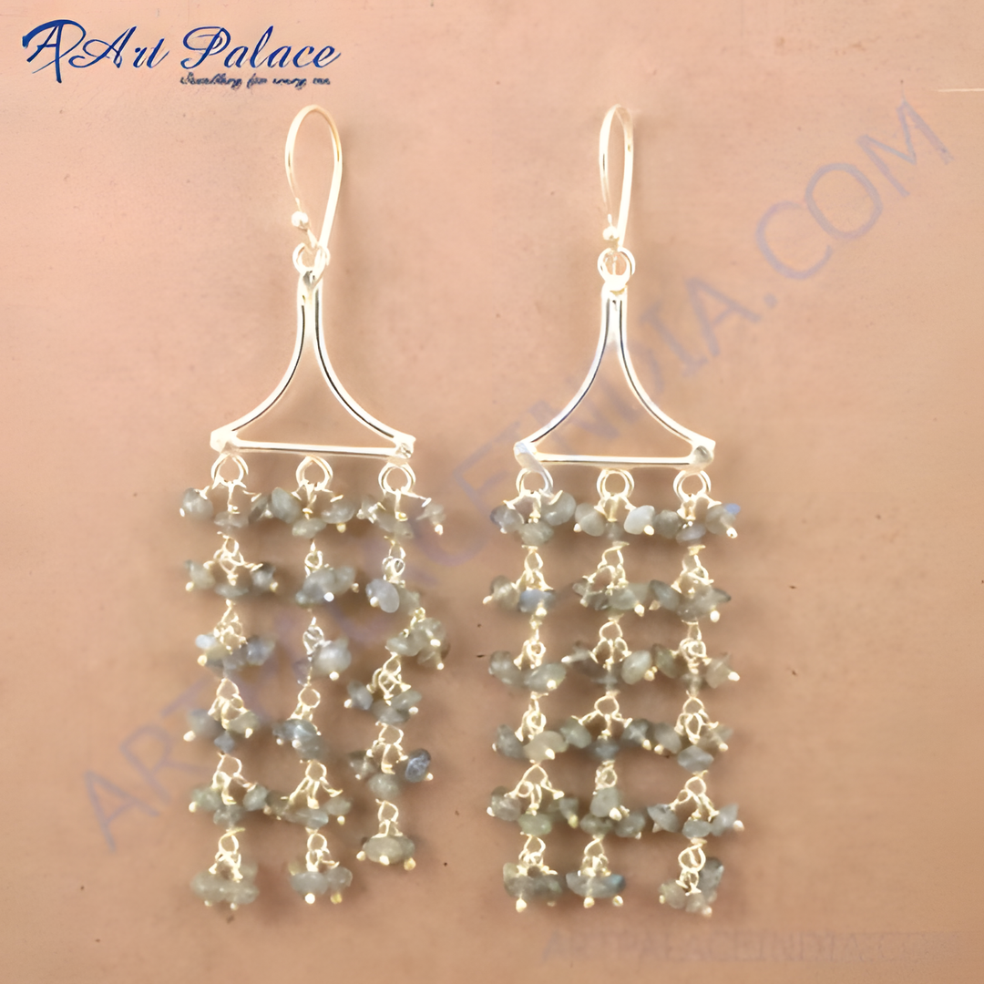 925 sterling silver drop earrings with multiple labradorite gemstone beads, featuring a silver hook.