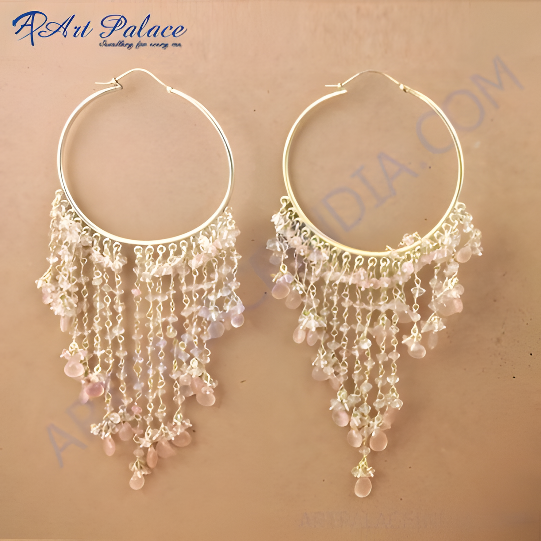 gold plating hoop earrings with cascading strands of light pink gemstones, creating a beautiful dangle effect.