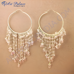 将图像加载到图库查看器中， gold plating hoop earrings with cascading strands of light pink gemstones, creating a beautiful dangle effect.
