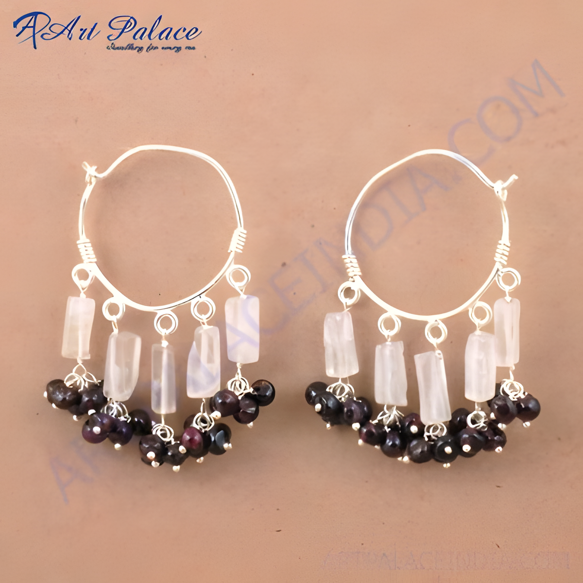 925 sterling silver hoop earrings with moonstone and garnet gemstones