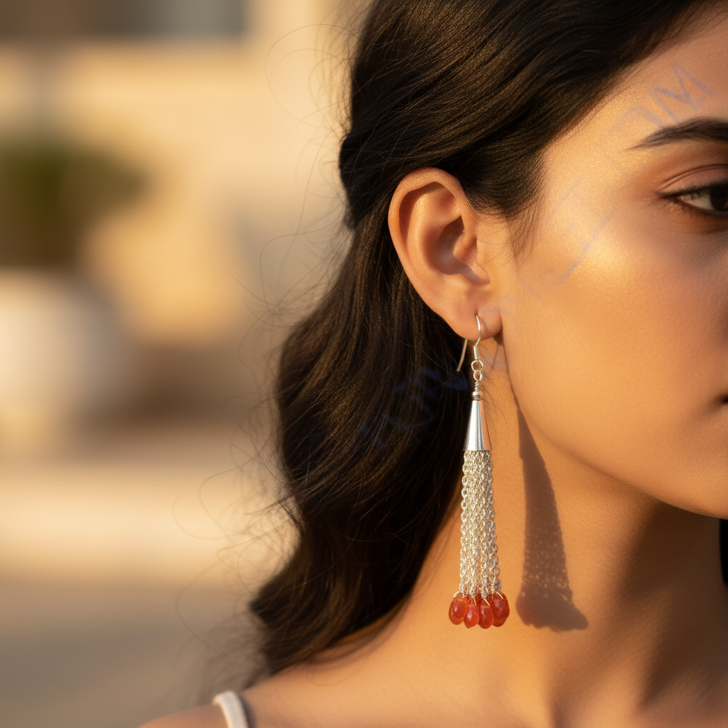 925 Silver Chain Tassel Earrings with Orange Gemstones | For Women