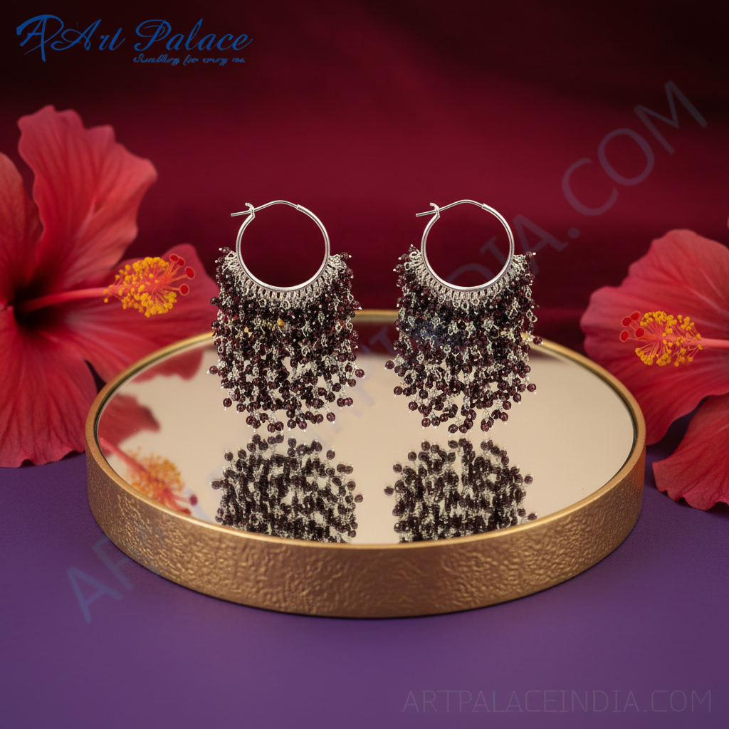Silver Hoop Earrings with Garnet Beads for Women | Daily Wear