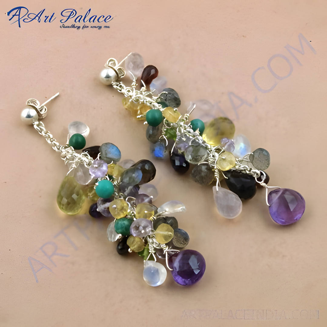 Sterling silver dangle earrings with a cluster of colorful gemstones including amethyst, citrine, and labradorite.