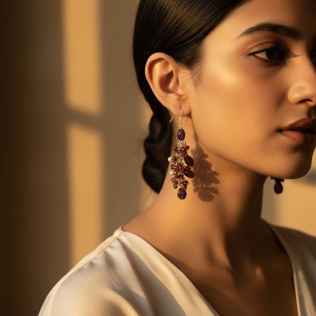 石榴石簇状吊坠耳环 | 925银 | 女士款