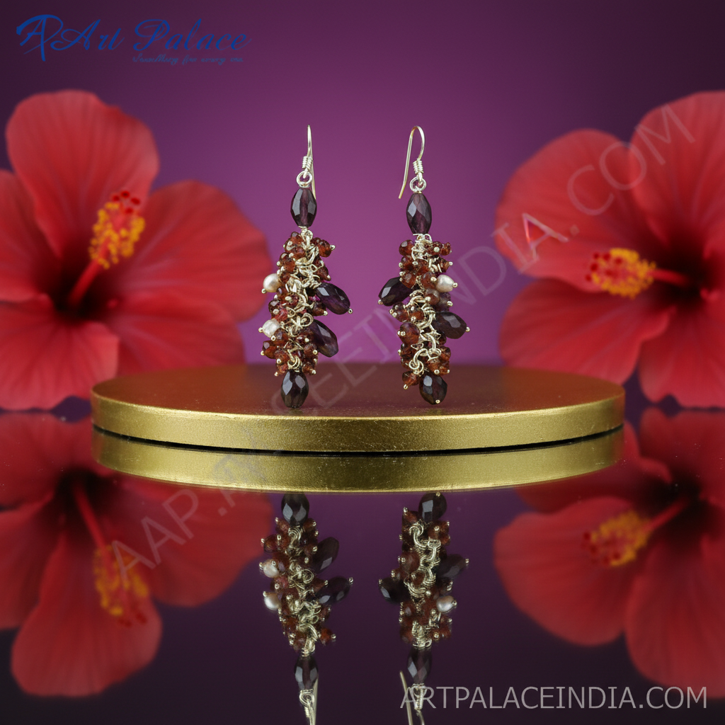 石榴石簇状吊坠耳环 | 925银 | 女士款