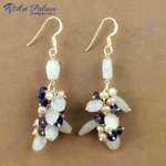 Load image into Gallery viewer, Silver dangle earrings with white gemstones, purple and light pink pearls and hanging hook.
