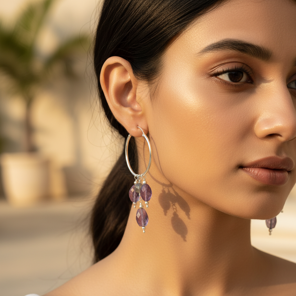 925 Silver Amethyst Hoop Earrings | Dangle Drop Earrings