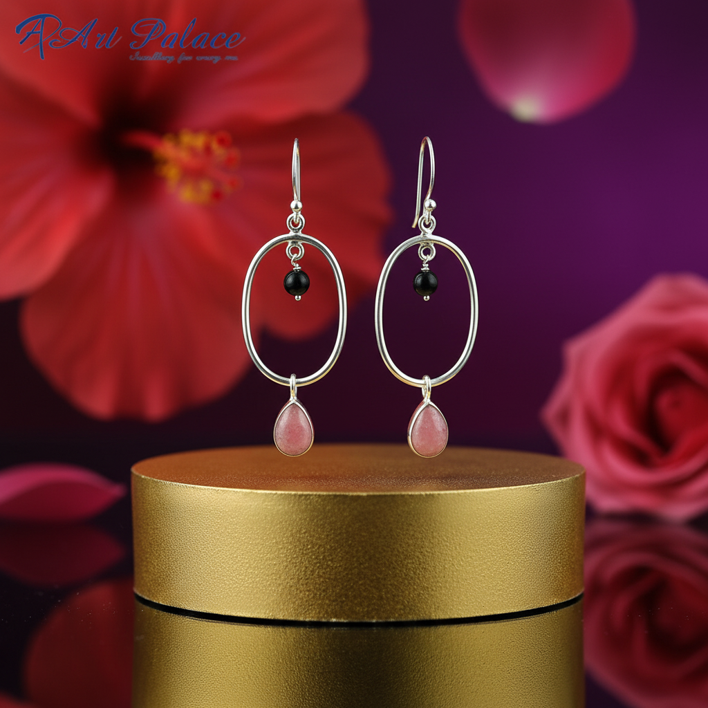 925银粉色宝石椭圆形水滴耳环（女士款）