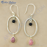 将图像加载到图库查看器中， Sterling silver drop earrings featuring a pink gemstone teardrop and black bead accents.
