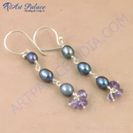 Load image into Gallery viewer, 925 sterling silver drop earrings featuring grey pearls and clustered purple amethyst gemstones.

