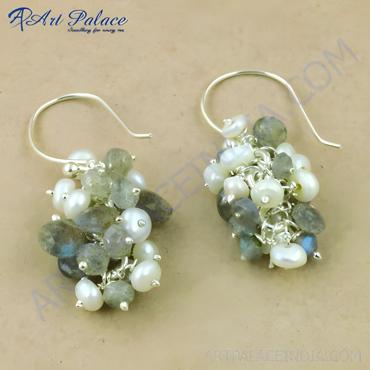 Sterling silver dangle earrings with white freshwater pearls and gray labradorite gemstones