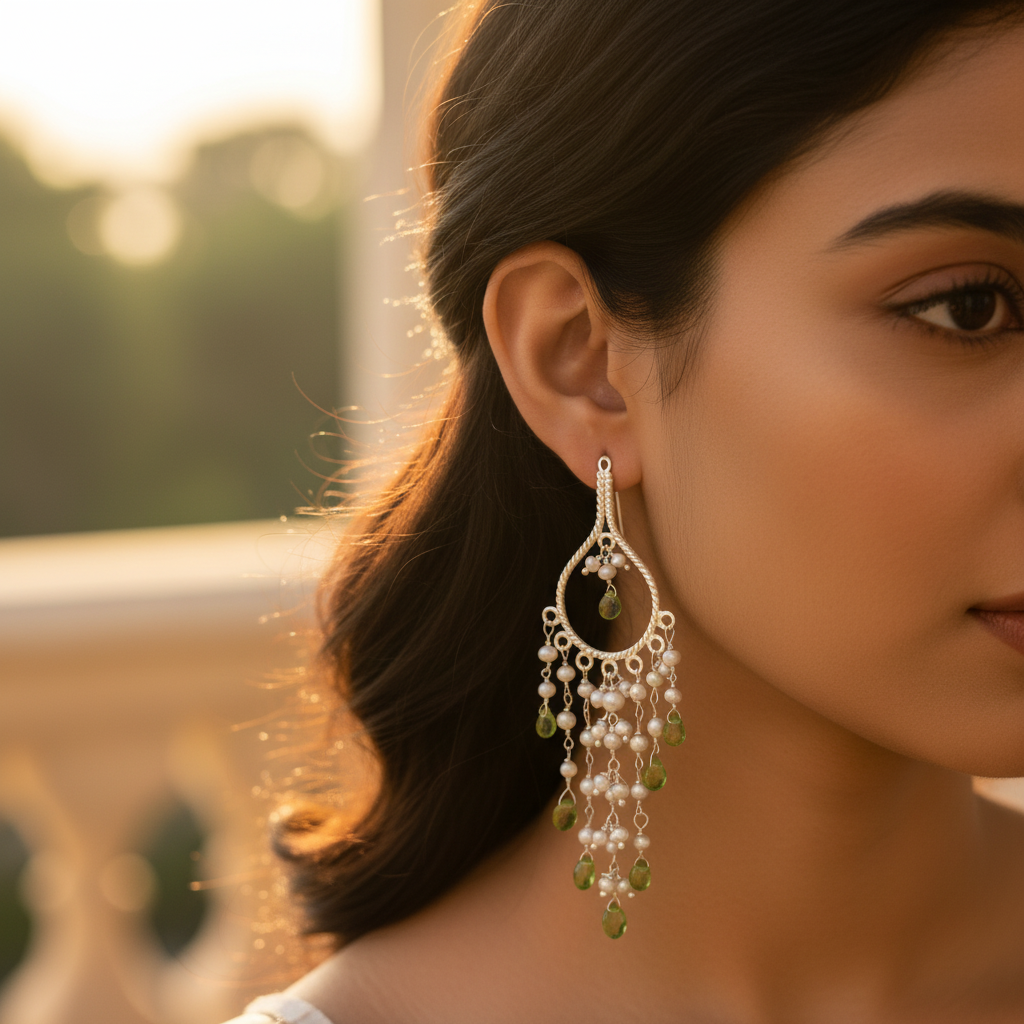 925 Silver Pearl & Peridot Chandelier Earrings for Women