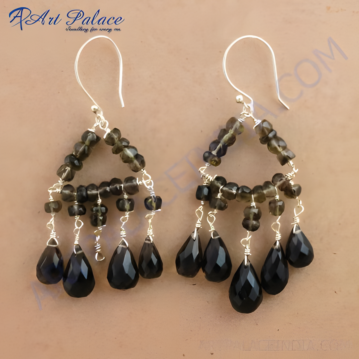 Sterling silver chandelier earrings featuring a triangle design with smoky quartz beads and teardrop pendants, dark color
