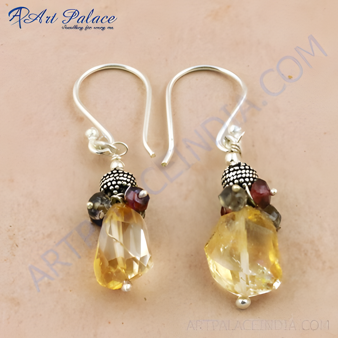 925 sterling silver dangle earrings with citrine and other gemstones in yellow, red, and grey.