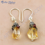 Load image into Gallery viewer, 925 sterling silver dangle earrings with citrine and other gemstones in yellow, red, and grey.
