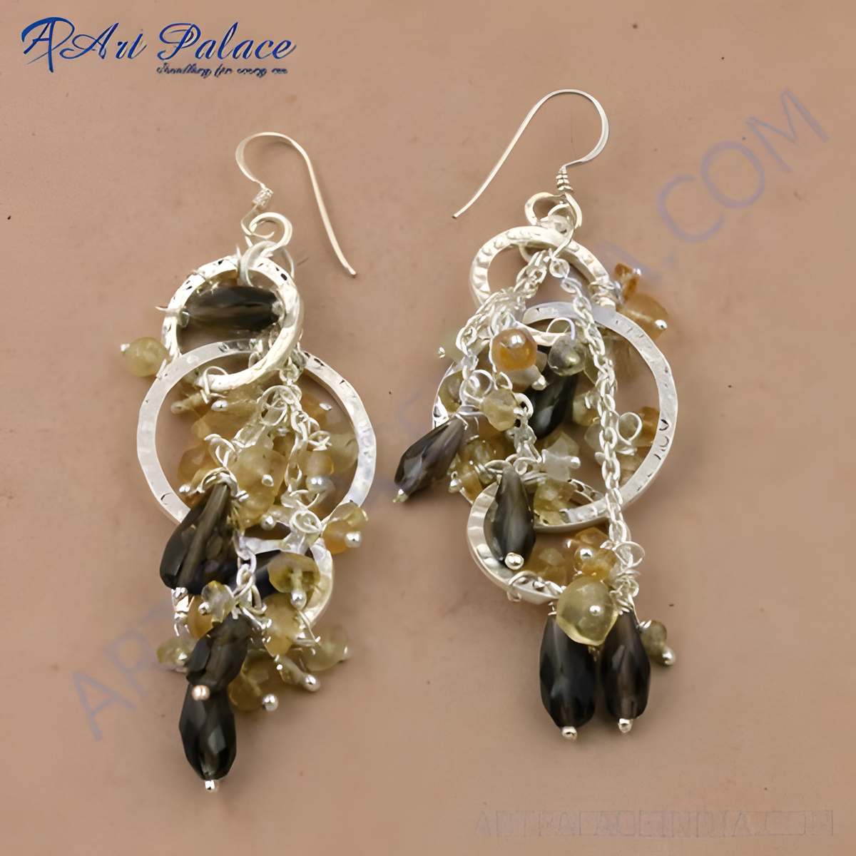 Sterling silver dangle earrings with brown and yellow gemstones, perfect for women
