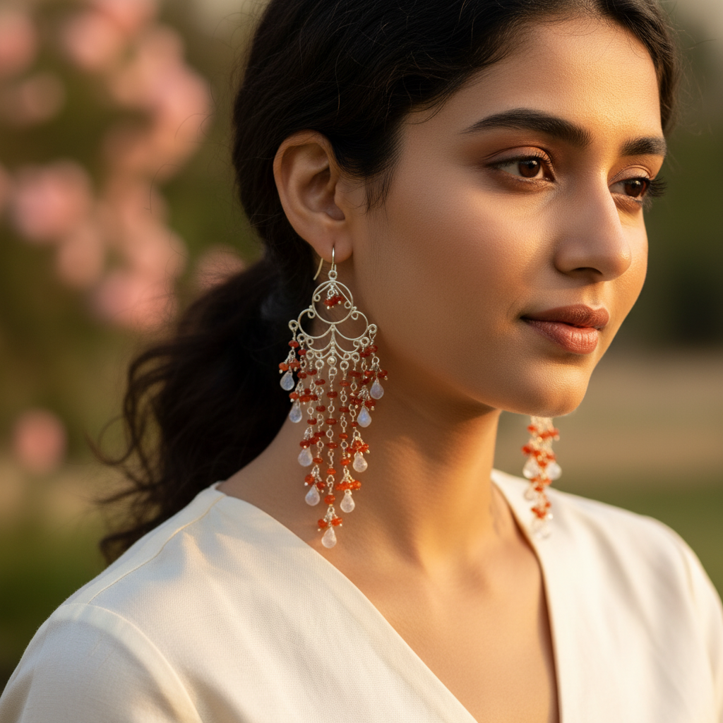 Silver Dangle Earrings with Red & Moonstone Beads | Chandelier Earrings