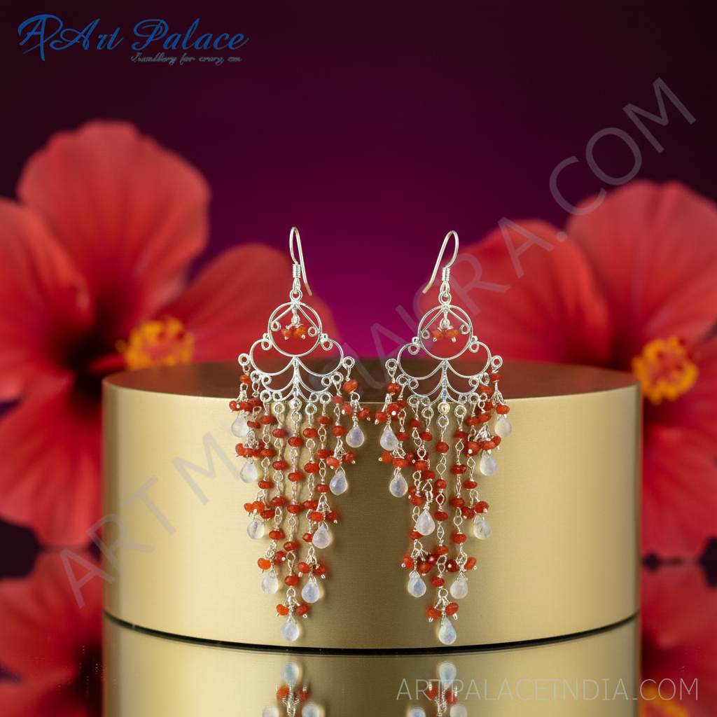 Silver Dangle Earrings with Red & Moonstone Beads | Chandelier Earrings