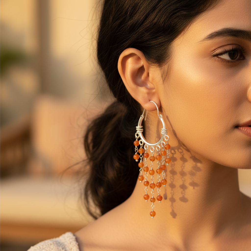 925 Silver Carnelian Bead Dangle Earrings for Women