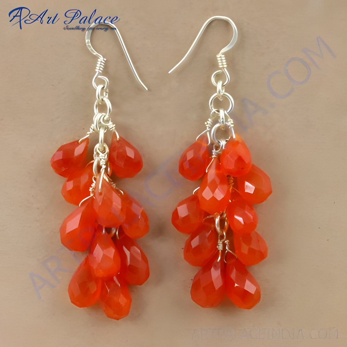 925 silver dangle earrings with faceted orange carnelian teardrop gemstones