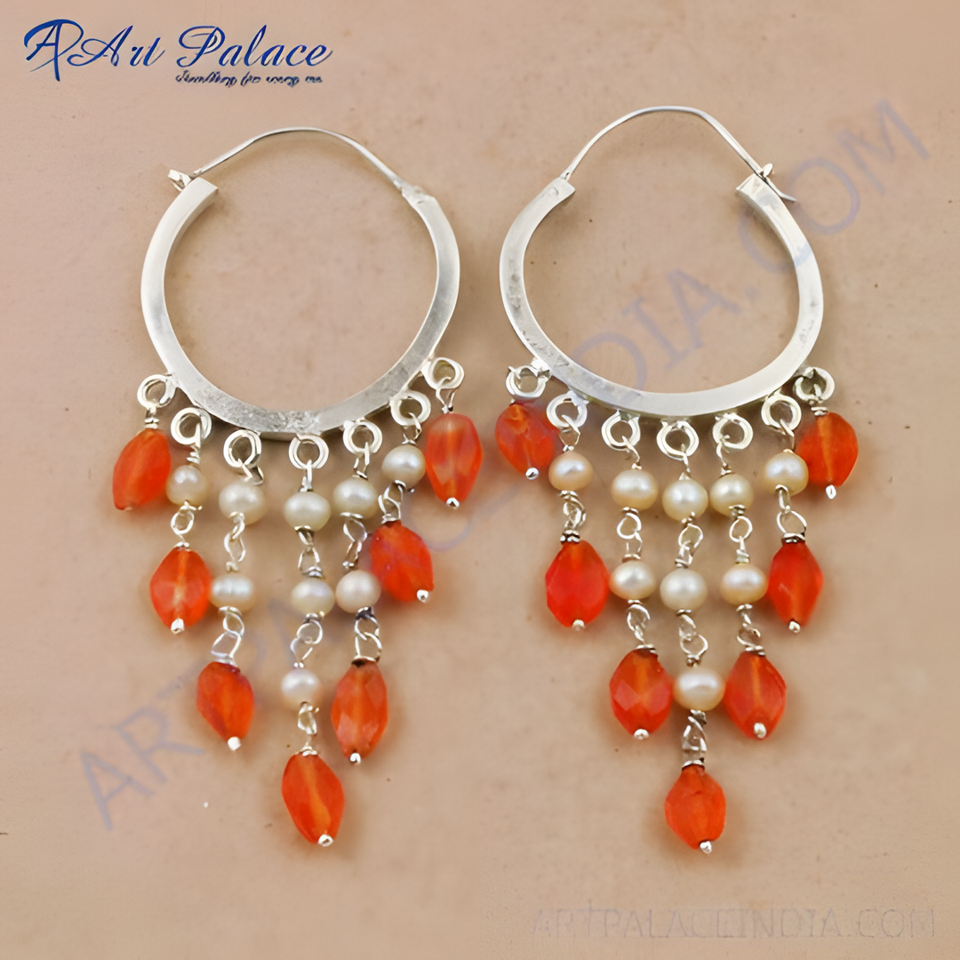 925 sterling silver drop earrings with orange beads and white pearl accents.