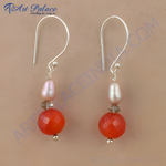 将图像加载到图库查看器中， 925 sterling silver drop earrings featuring red carnelian and pearl beads for women.
