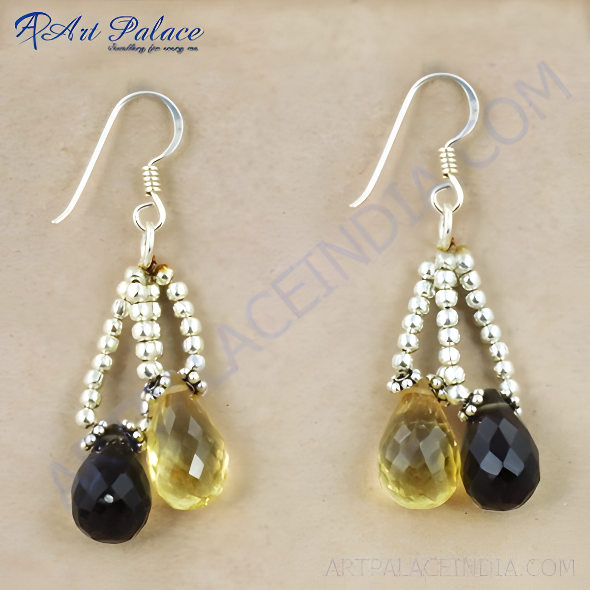 925 sterling silver drop earrings with yellow and black gemstones, perfect for women's daily wear