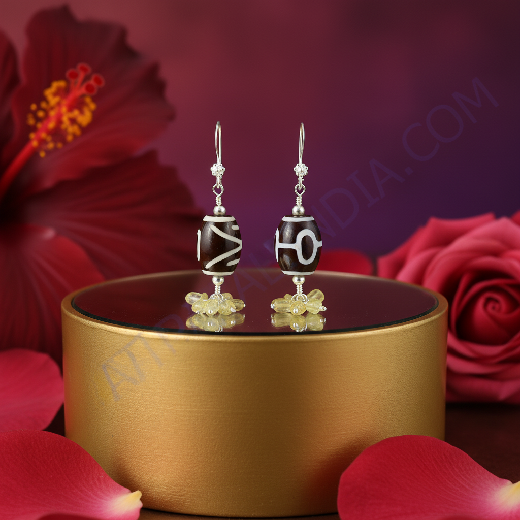 Silver Dzi Bead Earrings with Yellow Gemstones | Women's Jewelry