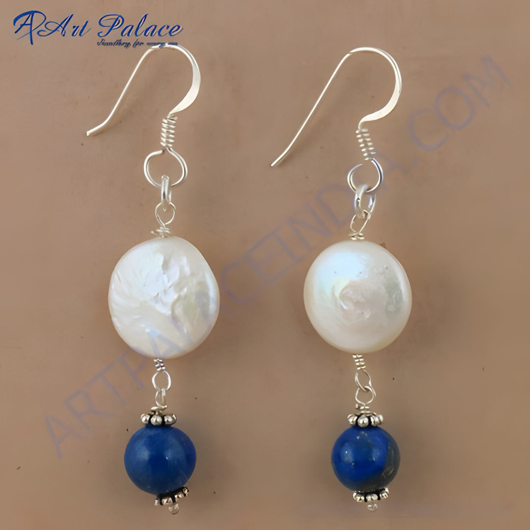 925 sterling silver dangle earrings with white pearl and blue lapis lazuli beads.