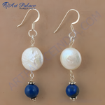 将图像加载到图库查看器中， 925 sterling silver dangle earrings with white pearl and blue lapis lazuli beads.
