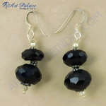 Load image into Gallery viewer, Black onyx drop earrings with faceted beads and silver accents, a striking jewelry piece for women.
