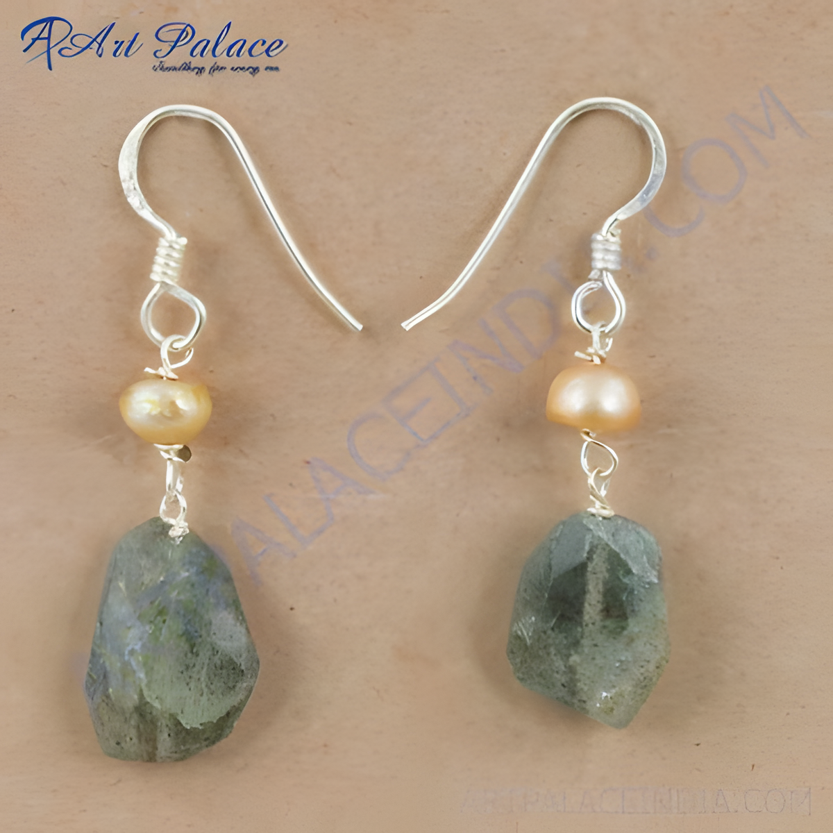 Sterling silver drop earrings featuring labradorite gemstones and peach toned freshwater pearls, perfect for women
