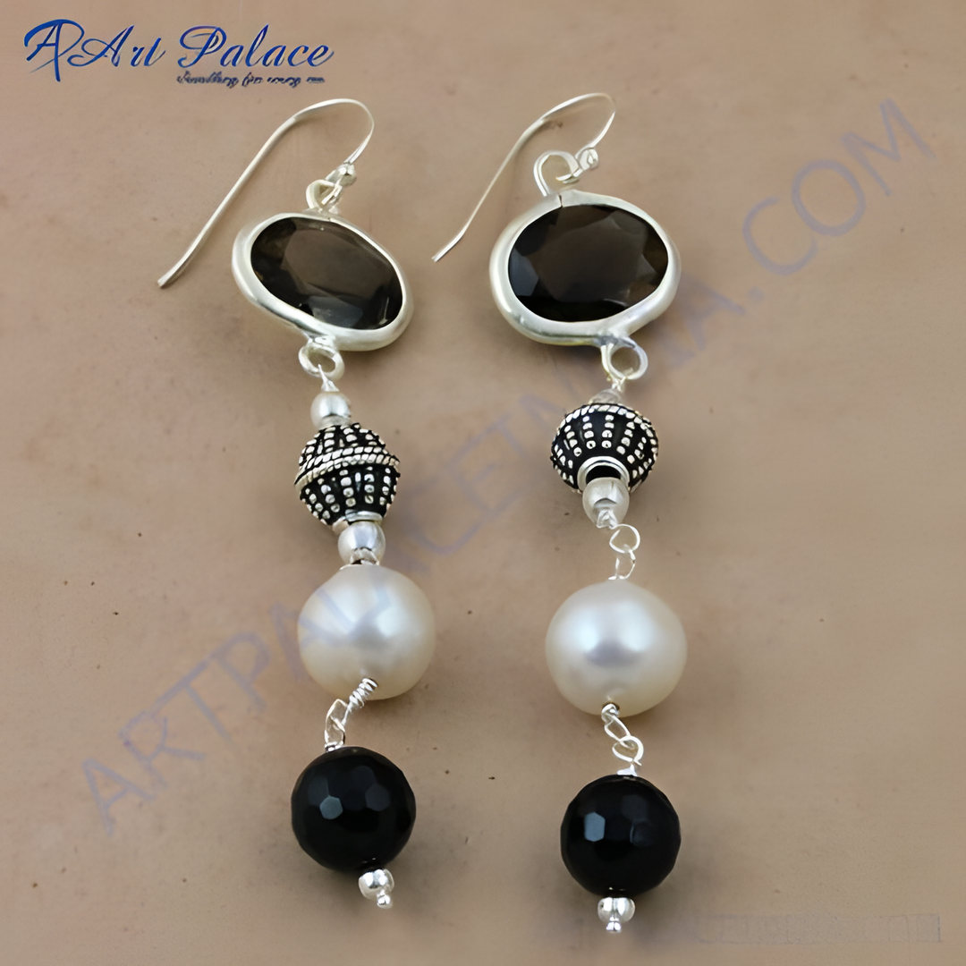 925 sterling silver drop earrings featuring smoky quartz, pearls, and onyx beads.