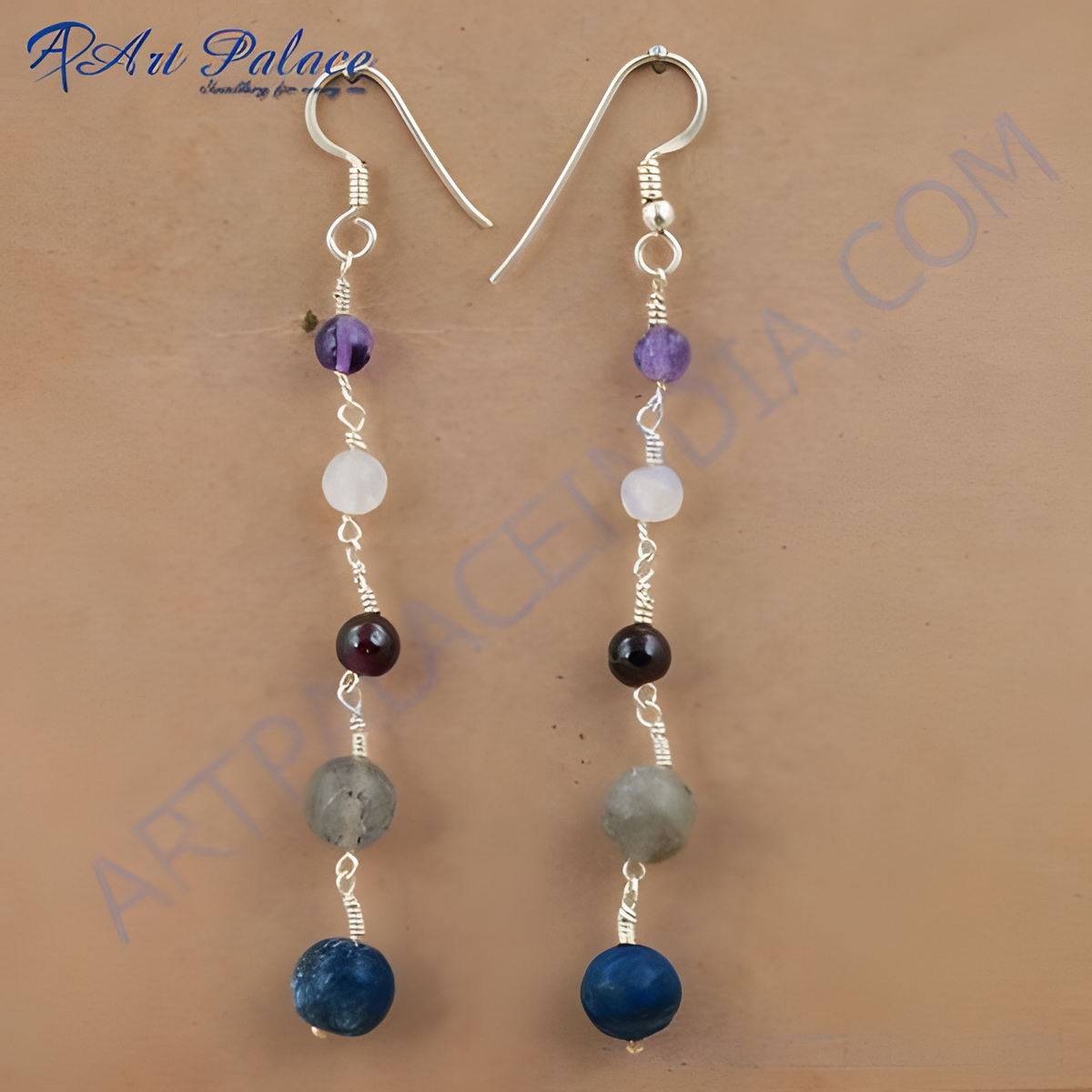 Sterling silver drop earrings featuring amethyst, moonstone, garnet, labradorite, and sodalite gemstones