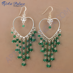 Load image into Gallery viewer, 925 sterling silver heart dangle earrings with green emerald gemstones, a perfect gift for women.
