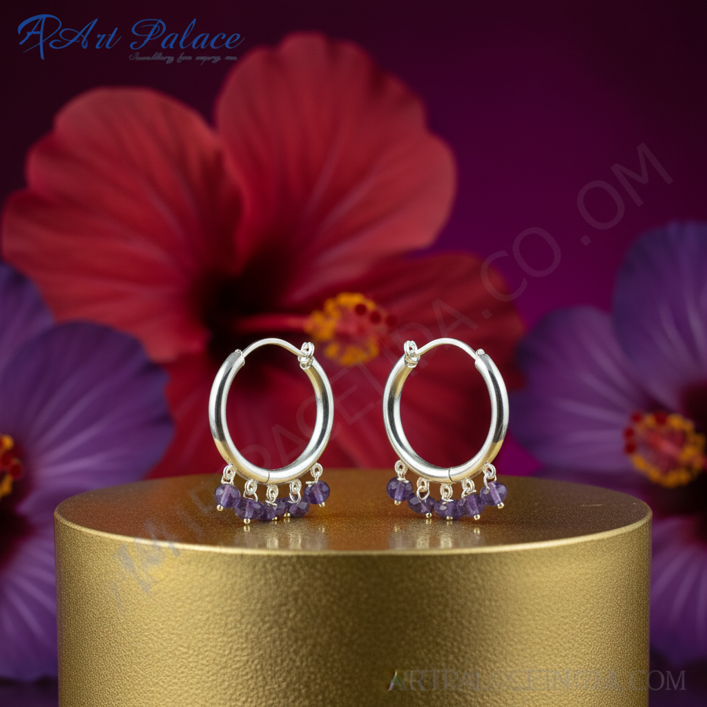 925 silver amethyst beaded hoop earrings for women | gift
