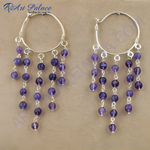 Load image into Gallery viewer, 925 sterling silver hoop earrings with cascading strands of purple amethyst beads, perfect gift
