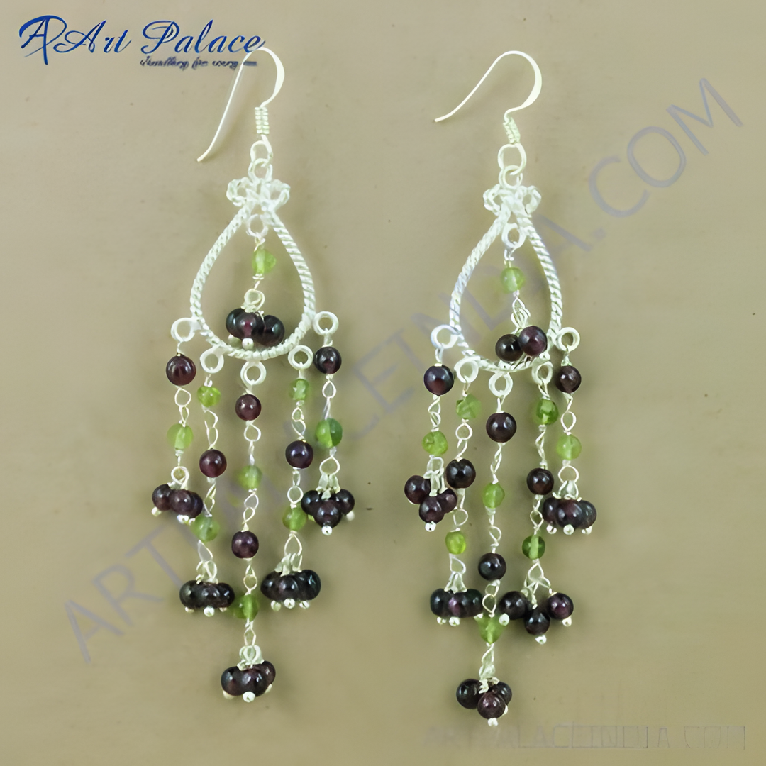 925 sterling silver chandelier earrings with garnet and peridot gemstones.