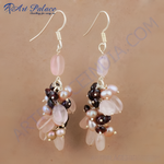 Load image into Gallery viewer, 925 silver dangle earrings with rose quartz, pearls, and dark red gemstones in a cluster design.
