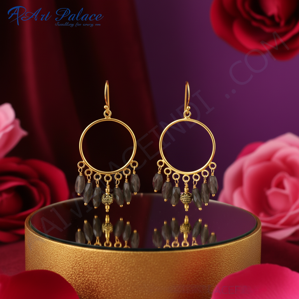 gold plating Hoop Dangle Earrings with Grey Gemstone Beads | Women's Jewelry