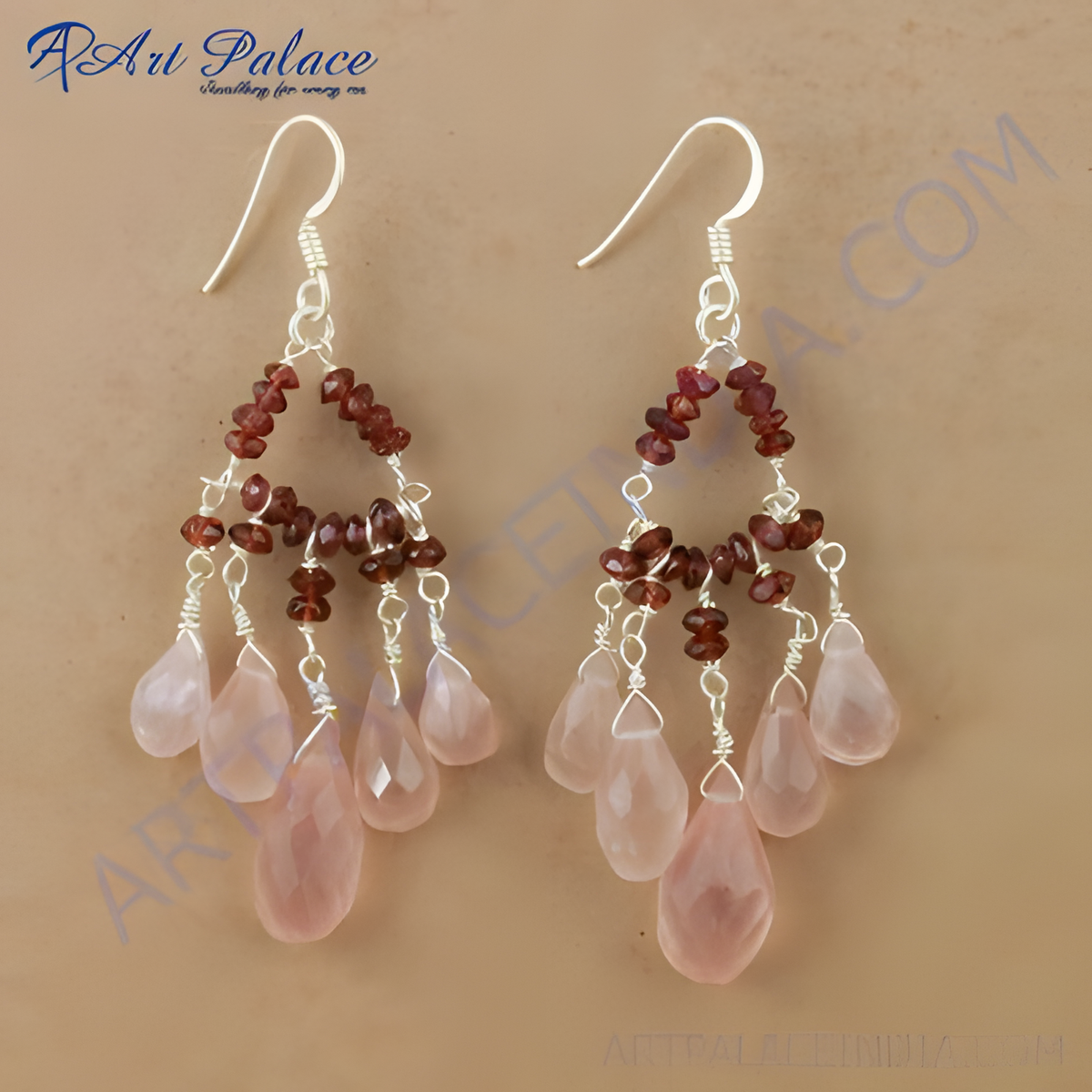 Silver chandelier earrings with rose quartz teardrops and garnet accents, pink gemstone jewelry