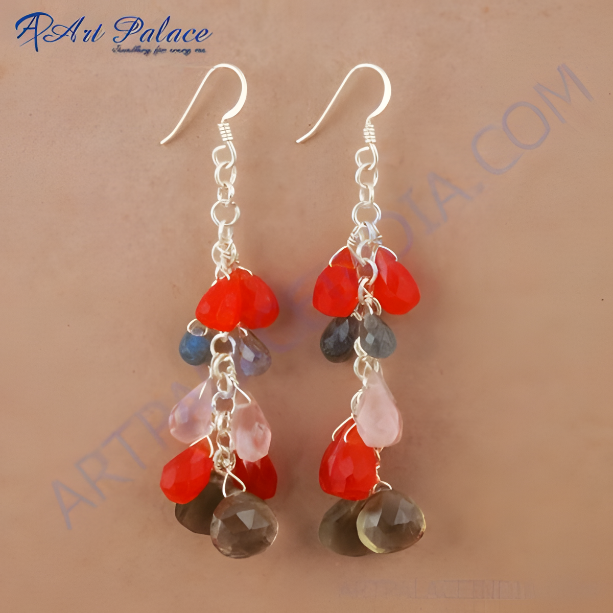 925 sterling silver dangle earrings with red, pink, grey, and brown gemstones